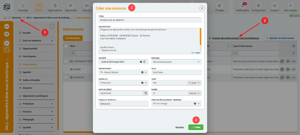 Création d'une annonce Form'Annonce depuis une session Formdev